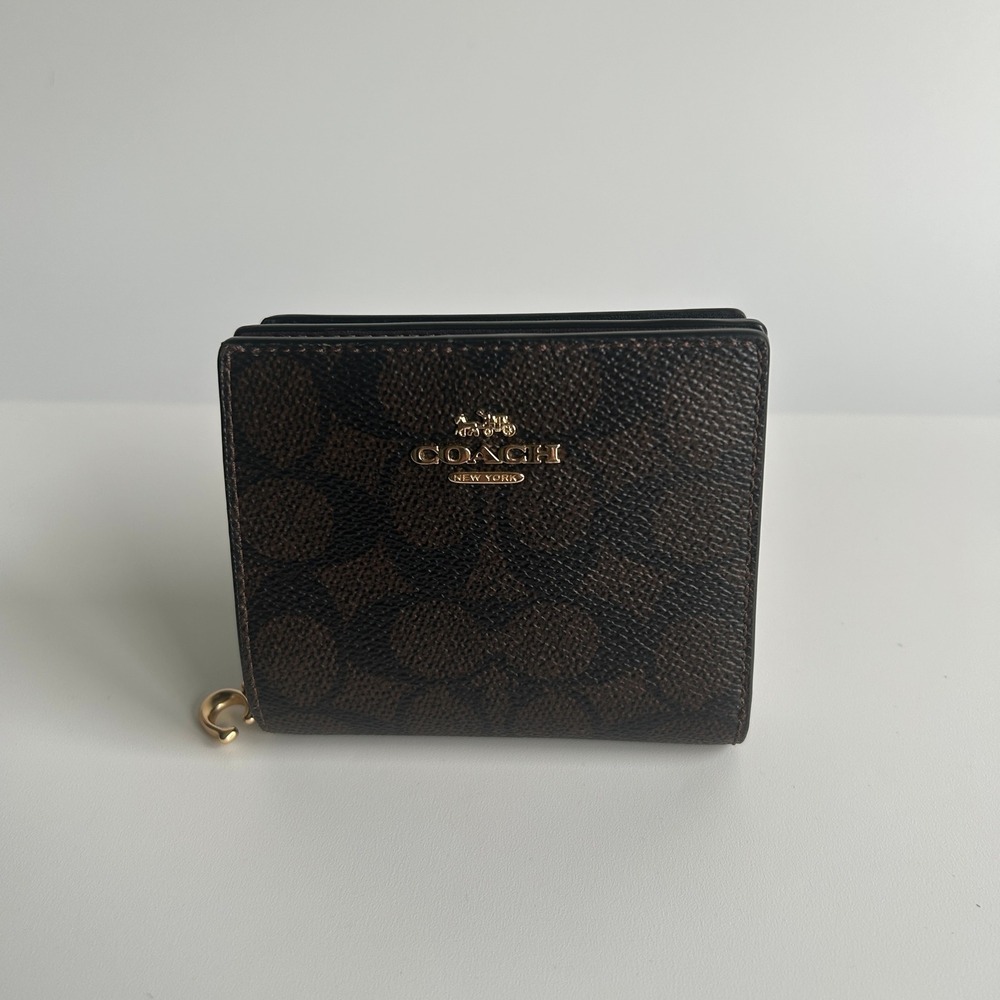 Coach Snap Wallet Walnut Black Signature Canvas Bifold CW789